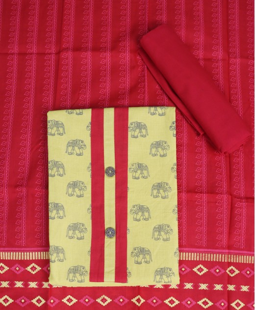 Pure Cotton Dress Materials - Raspberry Red - Yellow Color - M845