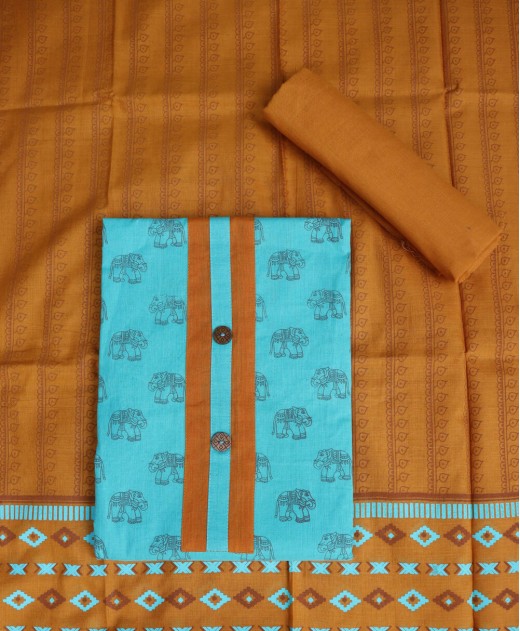 Pure Cotton Dress Materials - Sea - Blue And Rust Color - M847