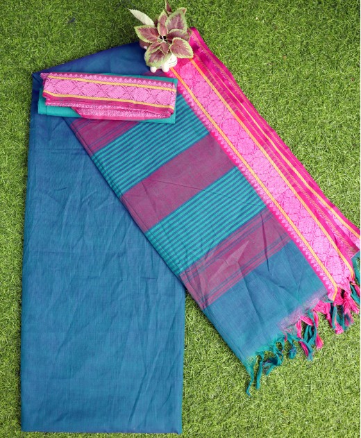 Handloom Cotton Saree with pink boarder - Blue Color