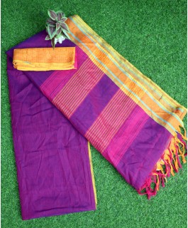 Handloom Cotton Saree With Gold Boarder - Purple C...
