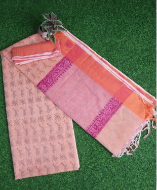 Handloom Cotton Printed  Saree - Peach Color