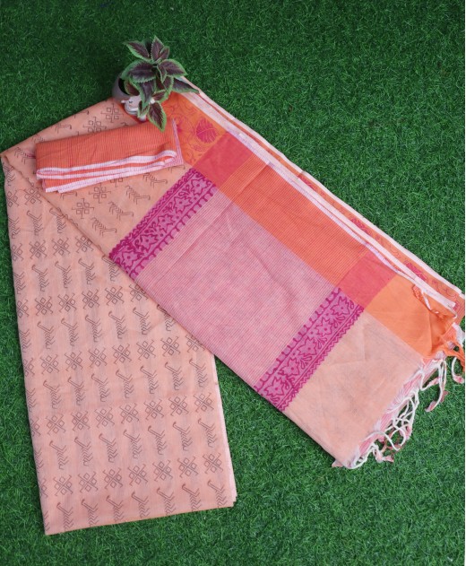 Handloom Cotton Printed  Saree - Peach Color - M865