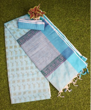 Handloom Cotton Printed  Saree - Sky Blue Color - ...