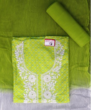 Jaipur cotton dress material - parrot green colour