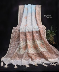 Super net with printed saree - sky blue color - G8...