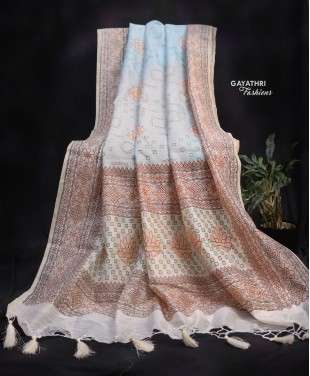 Super net with printed saree - sky blue color - G8...