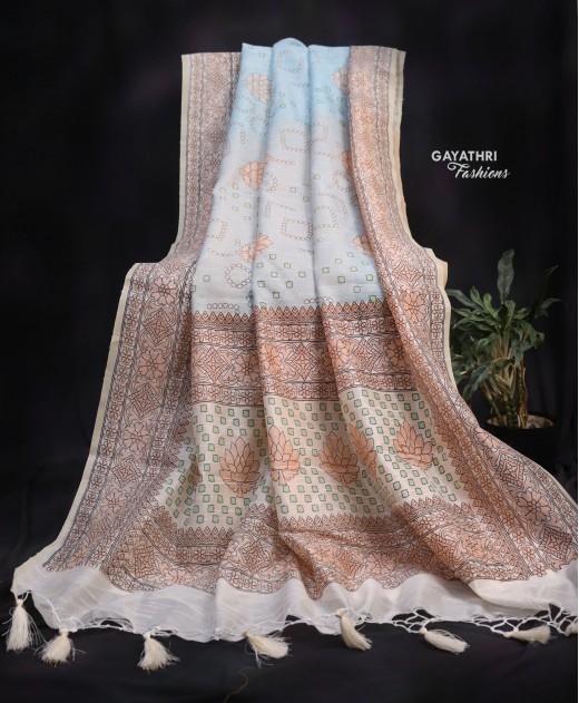 Super net with printed saree - sky blue color - G801