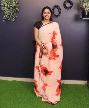 Georgette Platted  Saree - Peach Color - G907