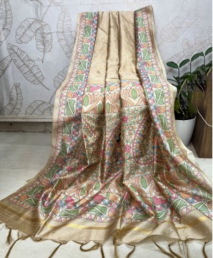Chanderi gold shaded printed saree - Multi color G...